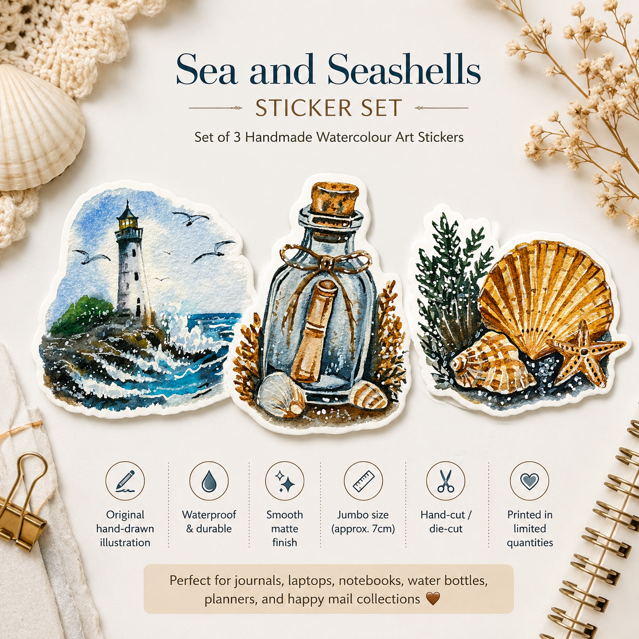 Sea & seashells — Set of 3 Handmade Watercolour Art Stickers