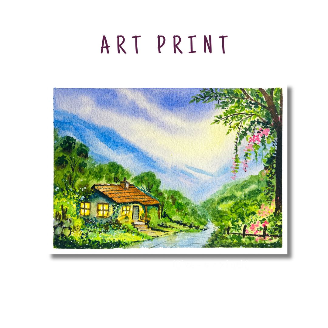 Dewy Cottage Dreams — Whimsical Watercolour Art Print ✨