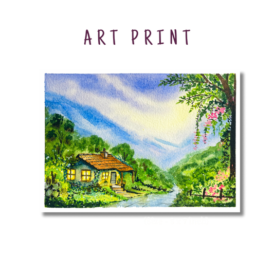 Dewy Cottage Dreams — Whimsical Watercolour Art Print ✨
