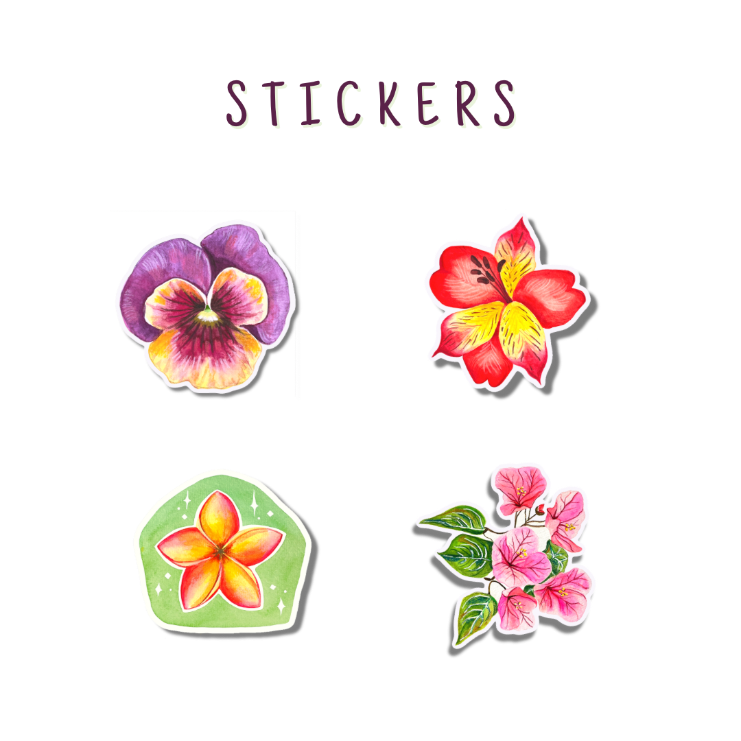Soft Floral Blooms — Set of 4 Handmade Watercolour Art Stickers