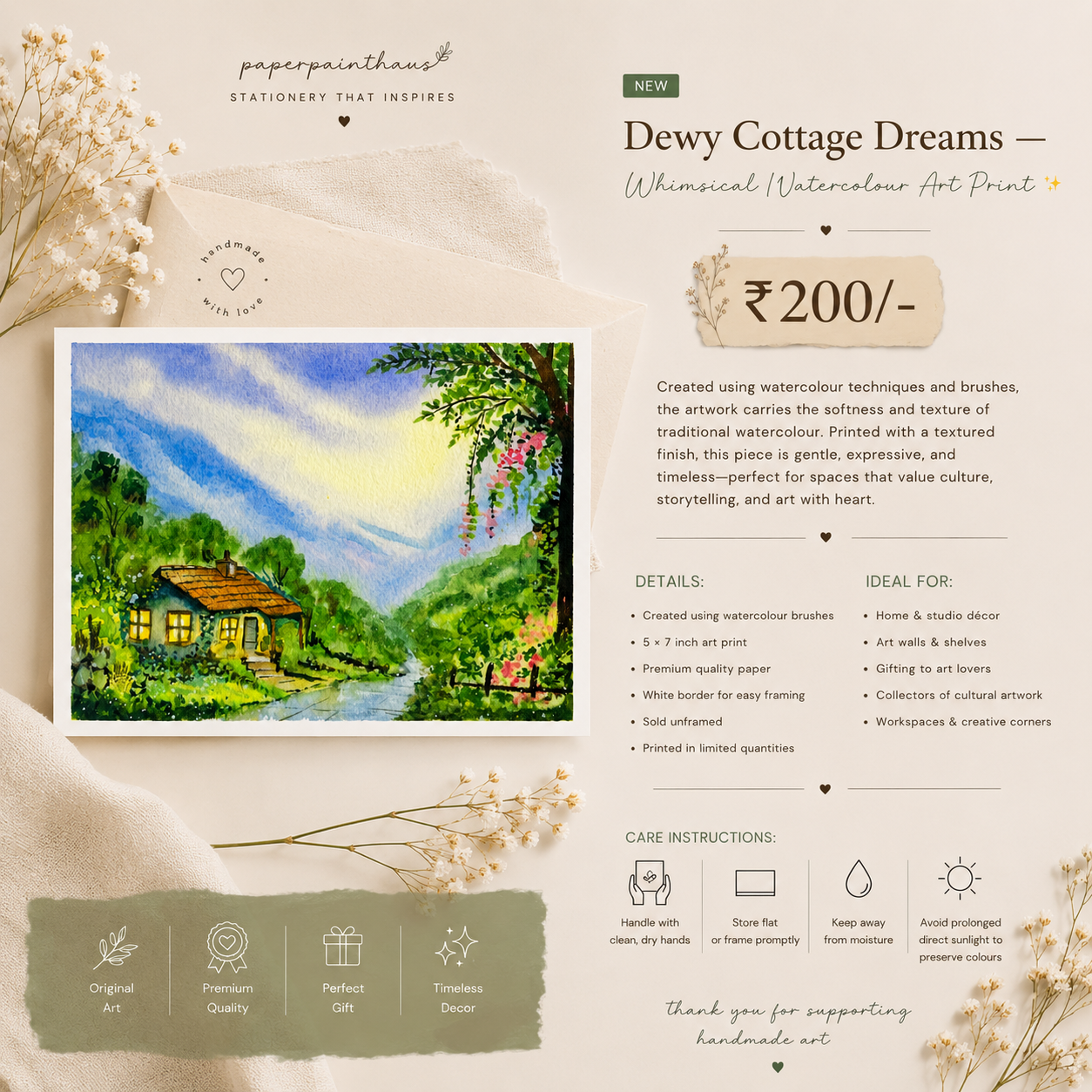 Dewy Cottage Dreams — Whimsical Watercolour Art Print ✨